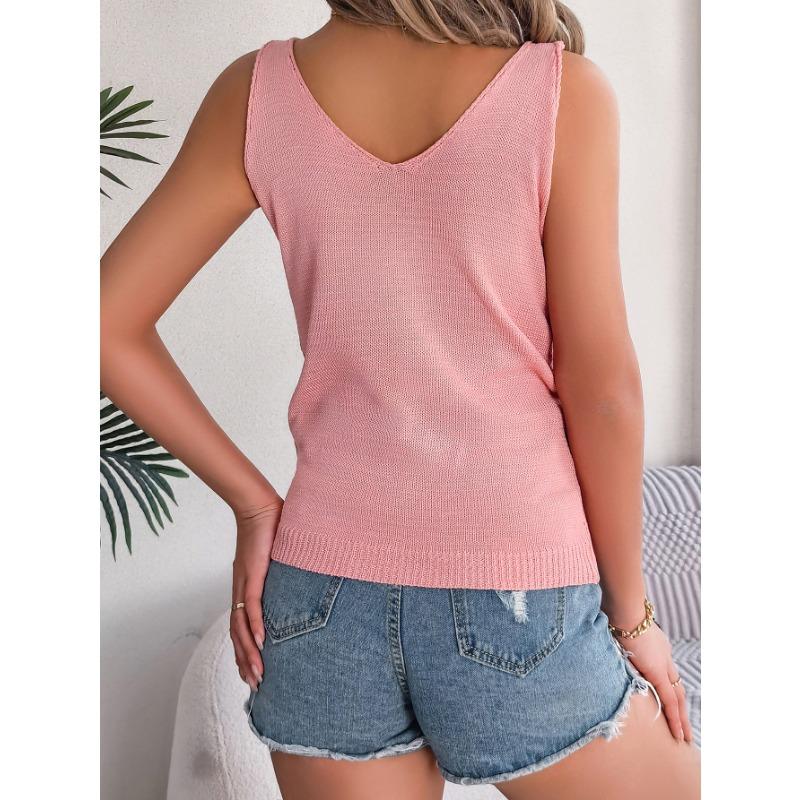 VEZFAA Women's Fashion Casual Summer Spring Solid Color Print Sleeveless V-Neck Blouses & Shirts