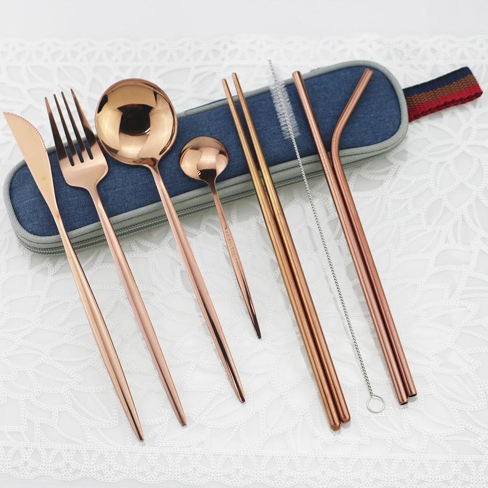 9pcs/Set Travel Cutlery Set Portable Gold Dinnerware Set Stainless Steel Tableware Set With Metal Straw Brush Chopsticks Bag