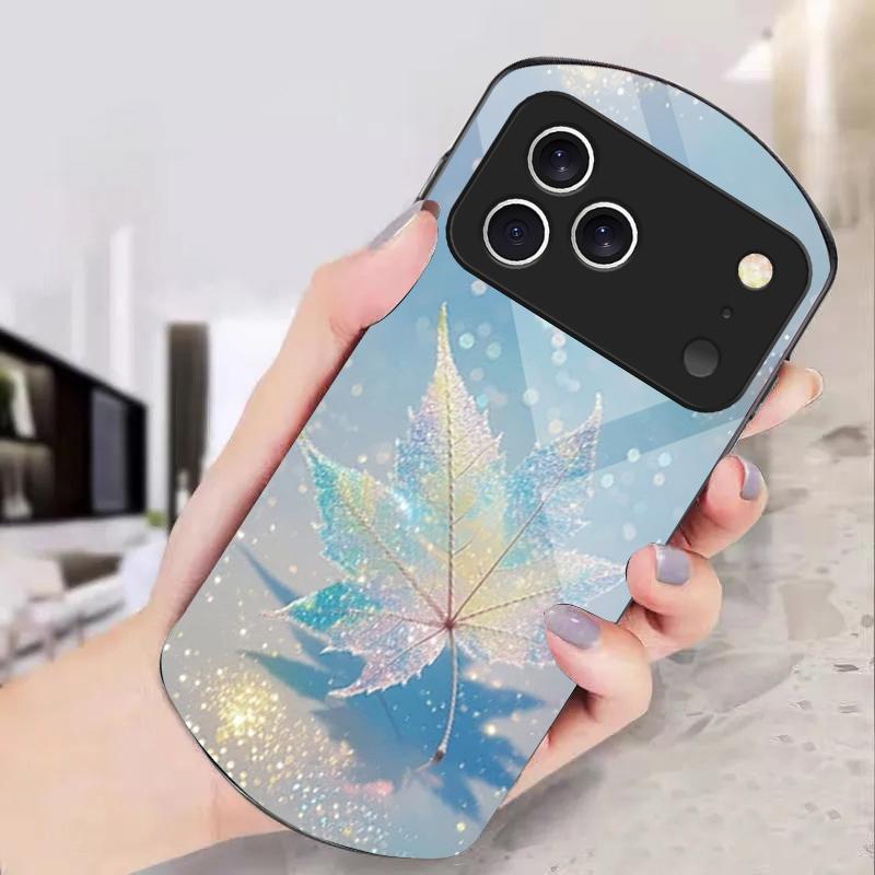 Green Maple Leaf Texture For iPhone 17 16 15 14 Pro 13 Plus 12 mini 11 Pro Max XR X S 7 8 Elliptical Tempered Glass Phone Case