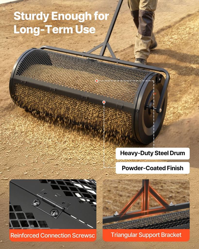Compost Spreader, 112 cm Wide Peat Moss Spreader with Push/Tow Handle, 4 Heights Adjustable, Powder-Coated Steel Garden Peat Moss Roller, Heavy Duty
