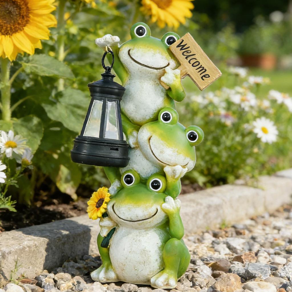 Gestapelte Frosch-Gartenstatue mit Solar-Laterne & Willkommensschild - Outdoor-Terrassendekoration, Frosch-Dekoration aus Harz für Garteneingang