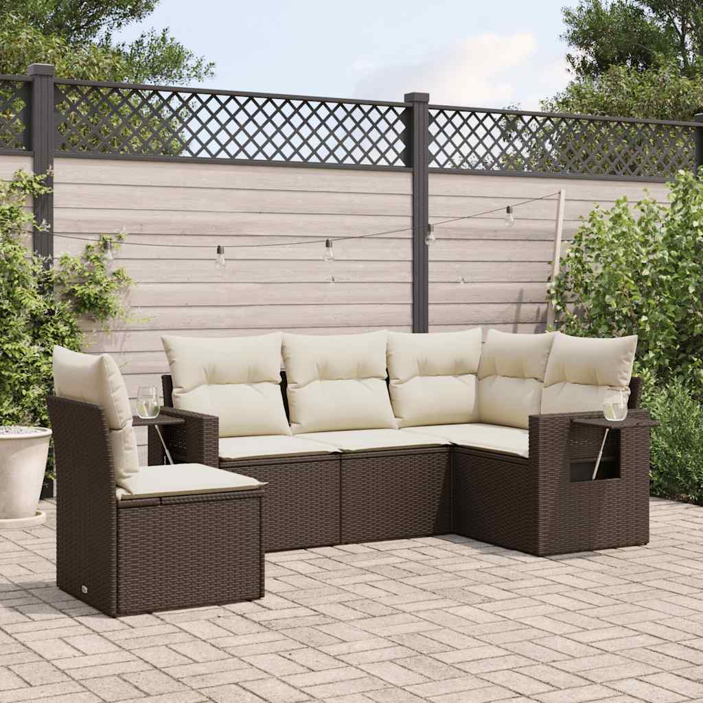 Vidaxl 5-Cz. Garden Furniture Set With Cushions, Brown, Poly Rattan