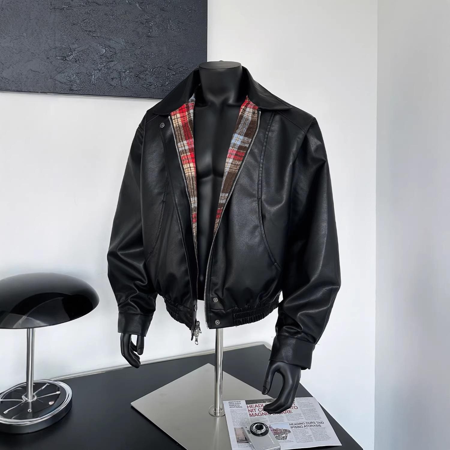 

Men s Retro Loose Plaid Reversible PU Leather Jacket - Trendy American Spring/Autumn Outerwear XXL чорний