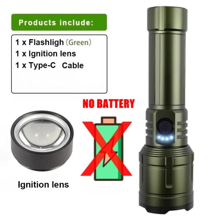 USB-C Rechargeable Tactical Flashlight with Flame Ignition Powerful LED Zoomable Torch for Outdoor Camping Adventure & Emergency