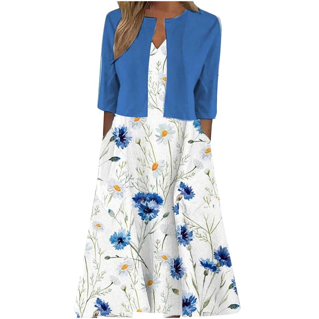 High Quality Women Summer Floral Print Two Piece Dress Set Short Sleeve Outfits