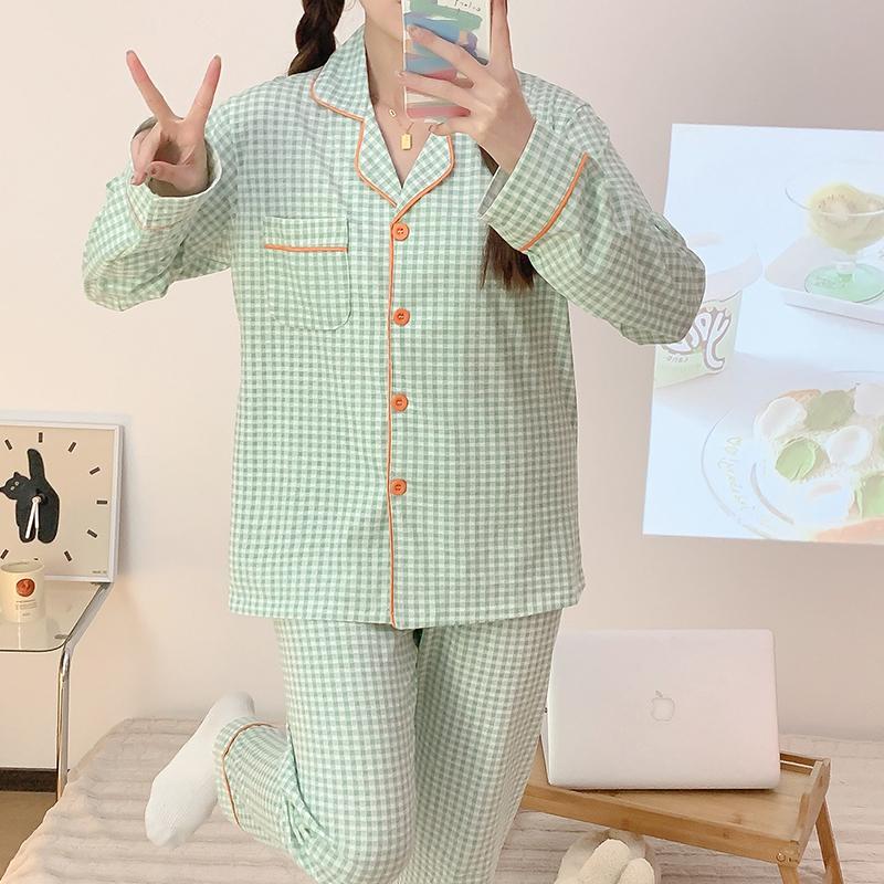 Women's Pajamas New Autumn Spring Long Sleeve Soft Sleepwear Set Grid Cartoon Cotton Pyjama Woman Home Nightwear Set Cardigan