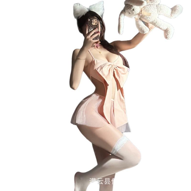 Sex Underwear Pure Desire Bow Three-point Temptation Splicing Mesh Perspective Free Uniform Set Qqny