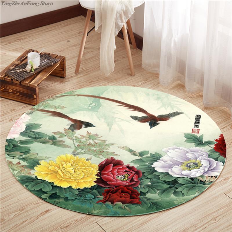 

Round Chinese Style Lotus Carpet Chinese Painting Art Printed Rugs Living Room Bedroom Decor Carpet Bedside Non-slip Floor Mat 60cm