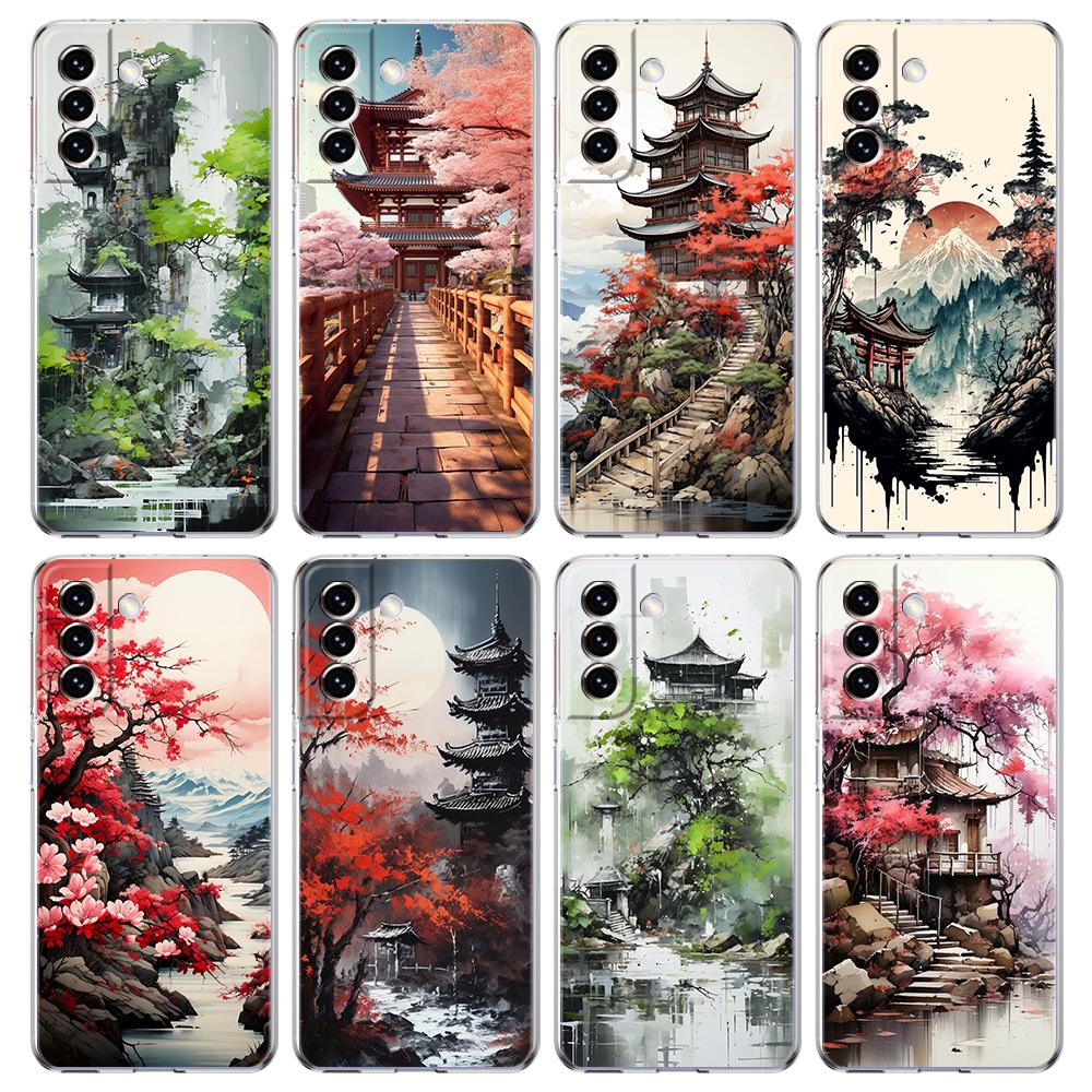Phone Case For Samsung Galaxy S24 Ultra S23 FE S22 S20 S21 5G S10 S9 Plus S10E S8 Clear Ink and wash landscape painting Cover
