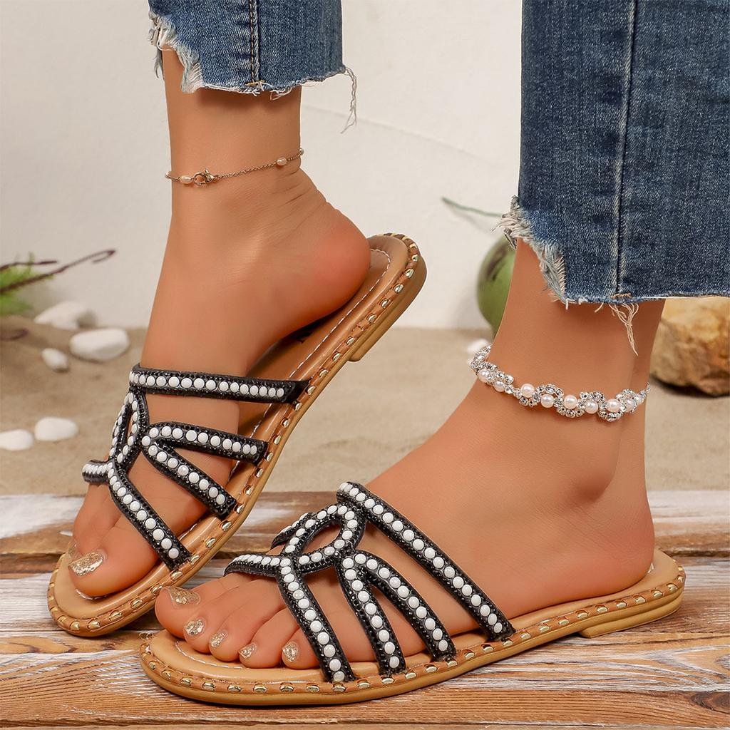 Womens Flat Sandals Slippers Comfortable Flip Flops Slide Sandal Summer Beach Shoes With Rhinestones Decoration Women Sandalias