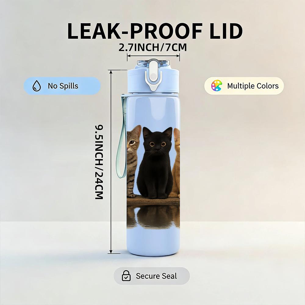 1PC Three Cats Wooden Platform Portrait 750ml Color Plastic Sports Water Bottle Leakproof Flip Straw Lid Suitable for Sports Office Home Use