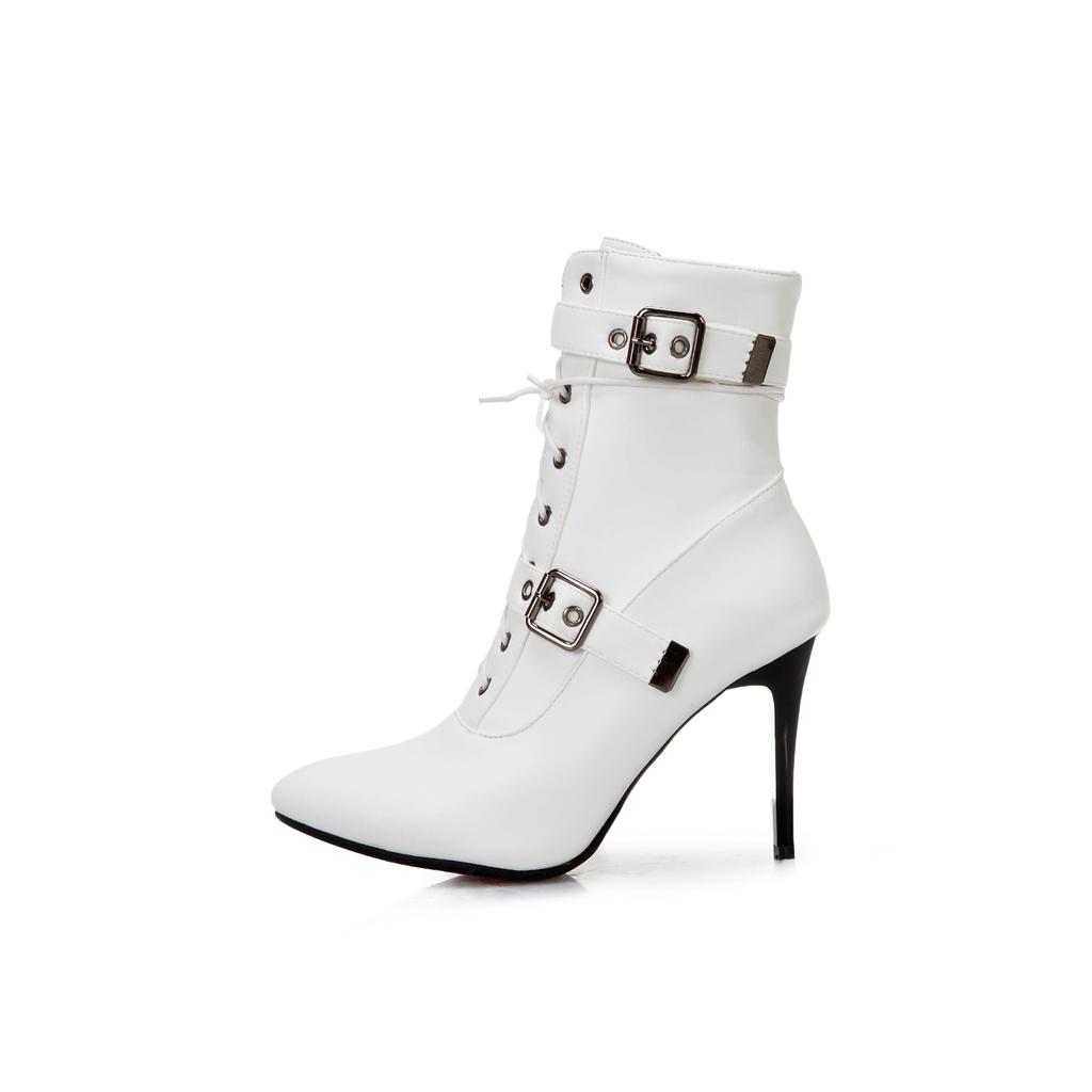 Autumn Winter 2025 Mid-Calf Boots Women Pointed Toe Super High and Thin Heel Shoes Buckle Cross-Tied Decorate Size 3~19 Footwear