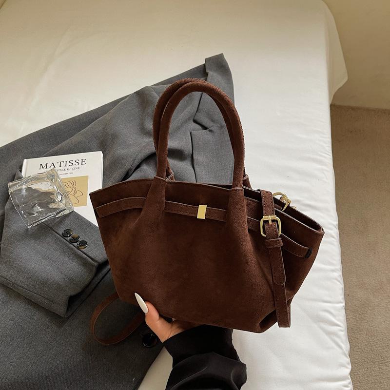 Matte Leather Suede Tote Handbags for Women Large Capacity Retro Shoulder Bag Fall Winter Belt Design Female Crossbody Bags