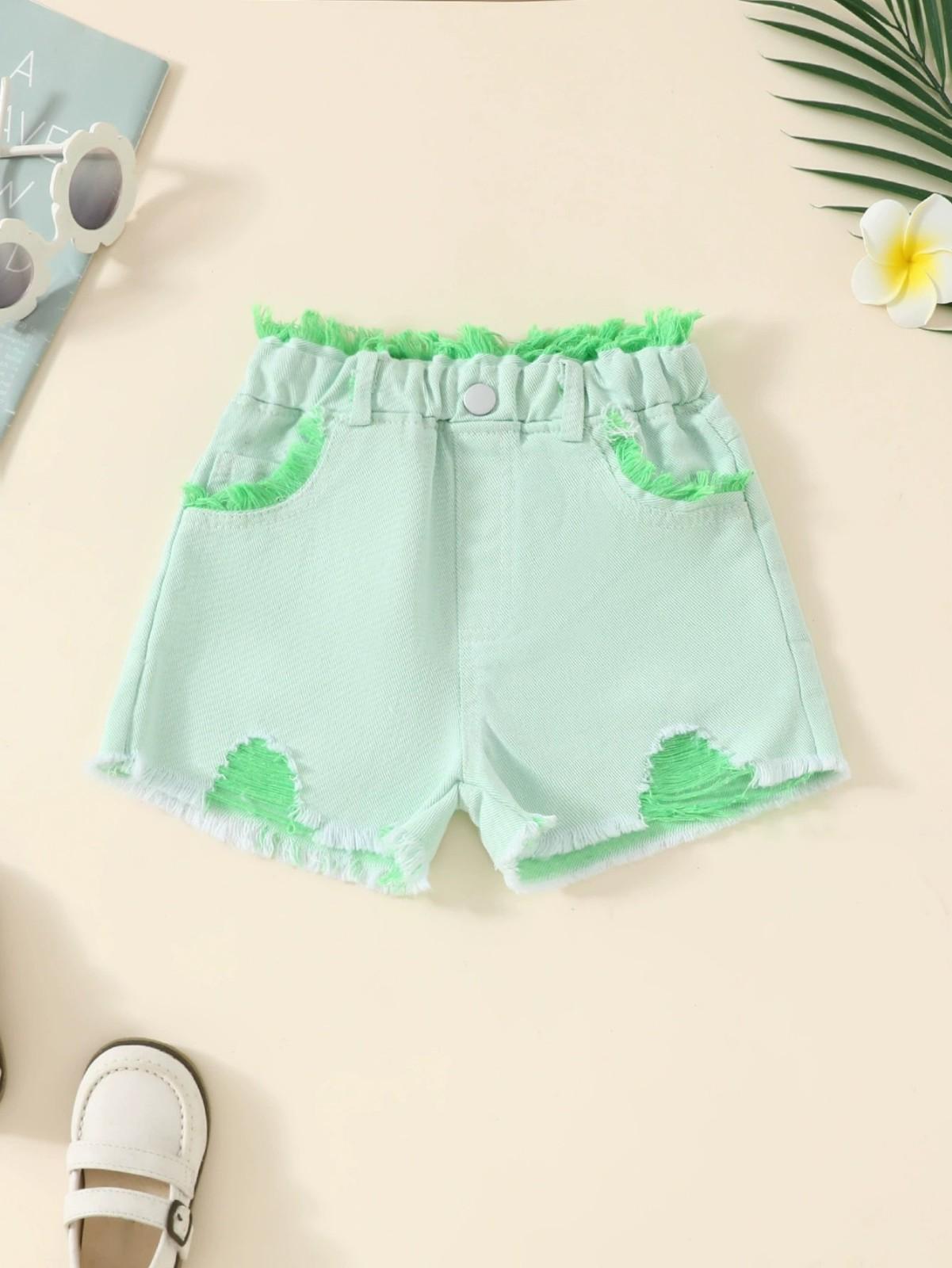 

Летний комплект для девочек: топ без рукавов с оборками и джинсовые шорты 100