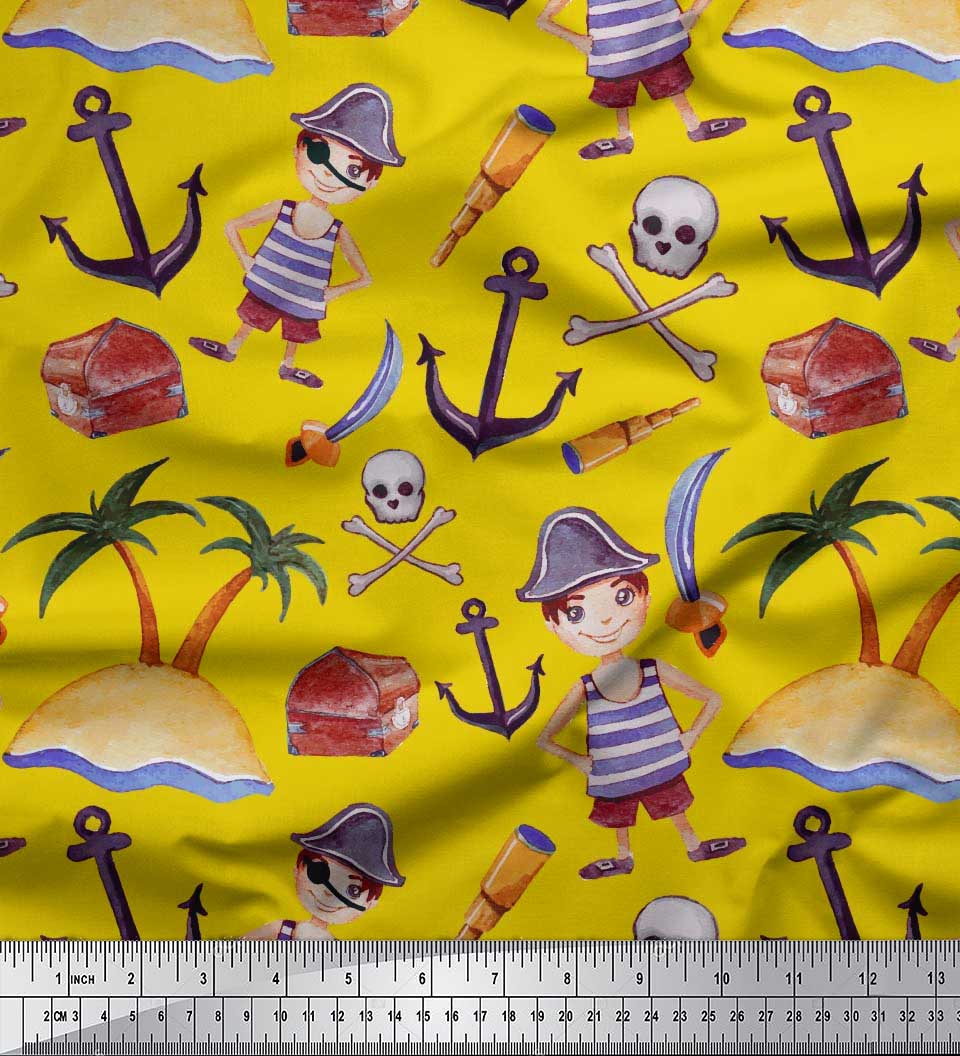 

Soimoi Japan Crepe Satin Anchor Hook, Treasure Box & Pirate Kids Print Тканина на метри 42 дюйма 42 Inch Wide - Poly Crepe жовтий