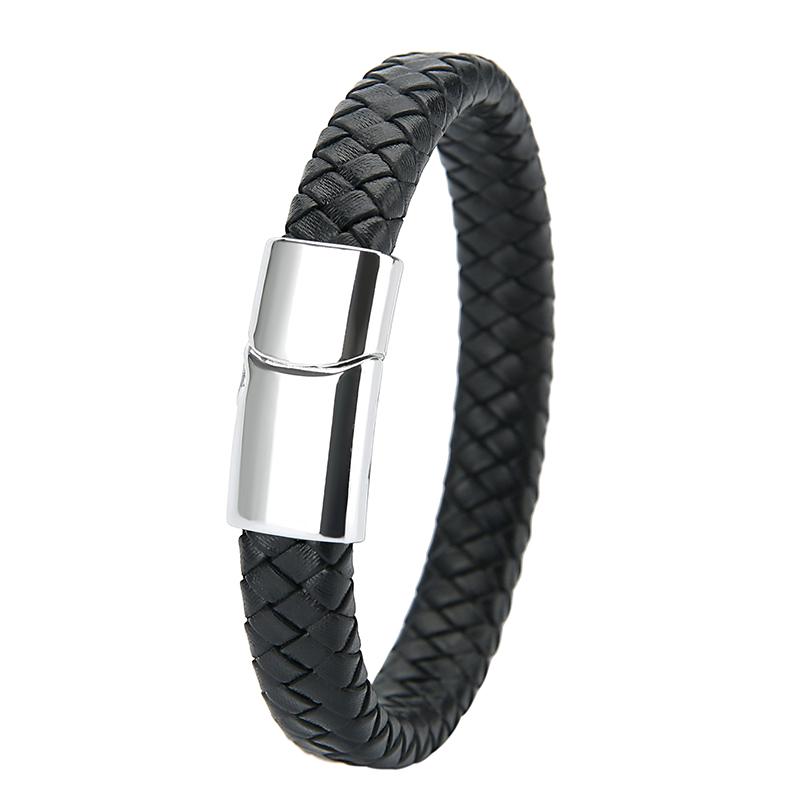Mibrow Czarna Skórzana Pleciona Bransoleta Męska Rozmiar 10x5 12x6mm Modny Metalowy Magnetyczny Zapięcie Bransolety Owijane Punkowy Charm Biżuteria Męska