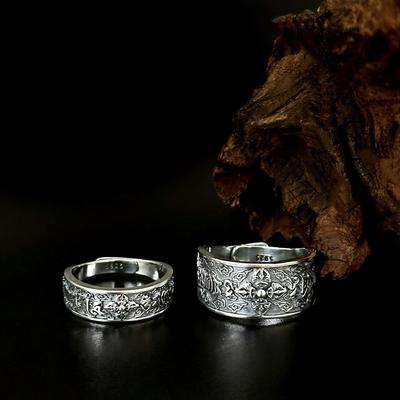 Anéis de Casal Oxidados em Prata Esterlina S925 com Design de Vajra e Pilão - Anéis Ajustáveis Exquisitos para Homens e Mulheres