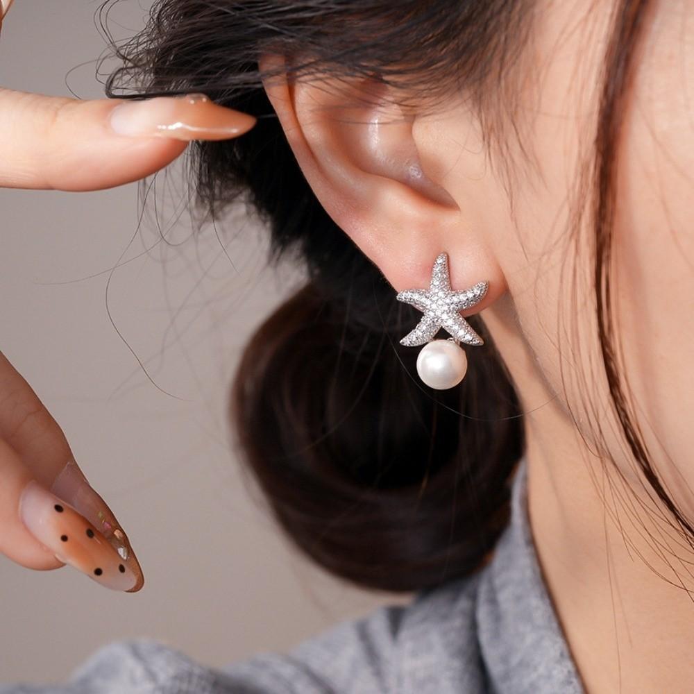 Ocean Style Starfish Starfish Pearl Stud Earrings Crystal Starfish Ear Studs  Girl Couple Gift
