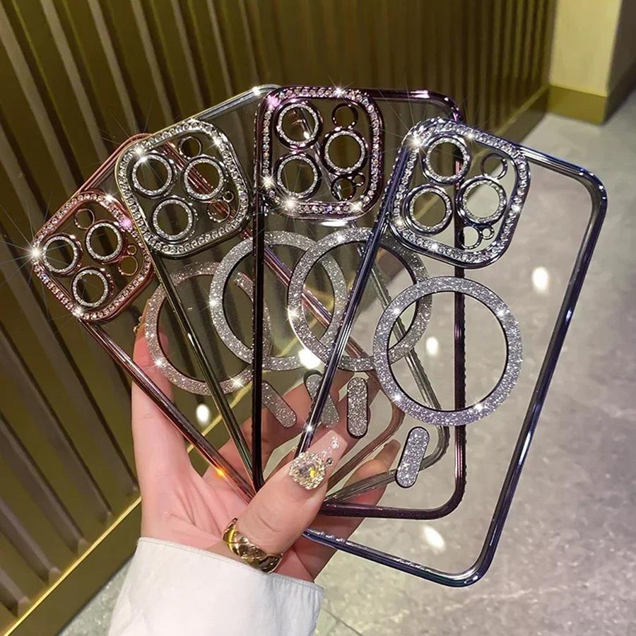 New Fashion Glitter Diamond Transparent Case For 17 16 15 14 13 11 12 Pro Max Funda Magnetic Wireless Charge Bumper Cover