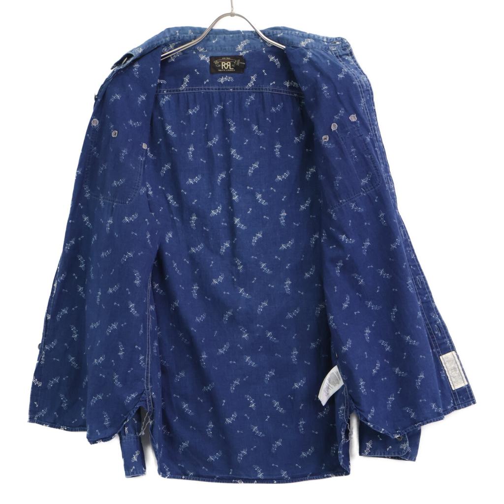 RRL Indigo Musical Note Pattern Cat Eye Button Long Sleeve Shirt Tops M NavyUsed