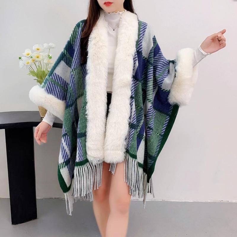 Вязаная накидка-шаль женская с большим меховым воротником, утолщенная теплая высококачественная клетчатая накидка 140CM зелёный