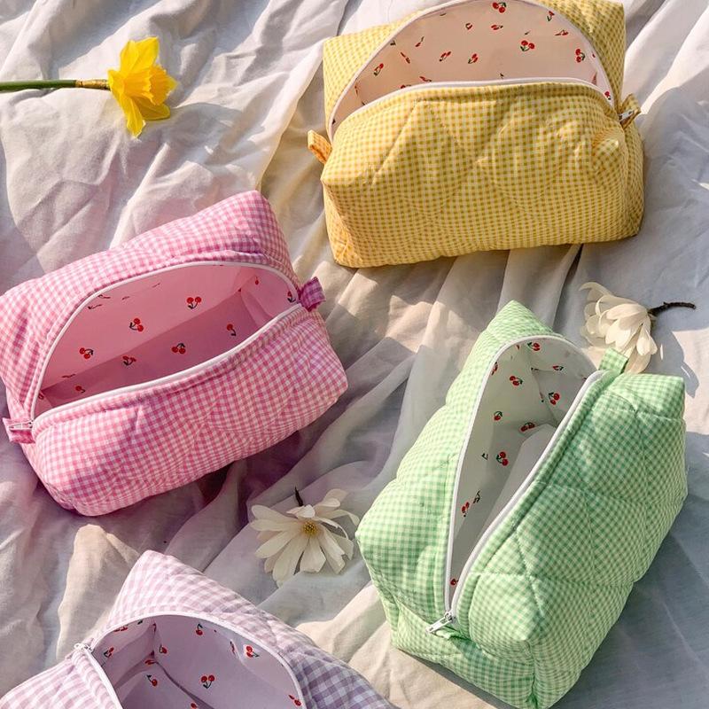 Cute Candy Color Makeup Pouch Plaid Women Large Capacity Portable Cosmetic Box Case Bags Female Storage Make Up Cases