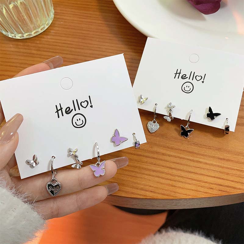 6 Stück/Set Mode Silberfarben Schmetterling Steckerohrringe Set für Damen Koreanische Kristall Herz Schleife Ohrringe Schmuck 2026 Neuer Trend