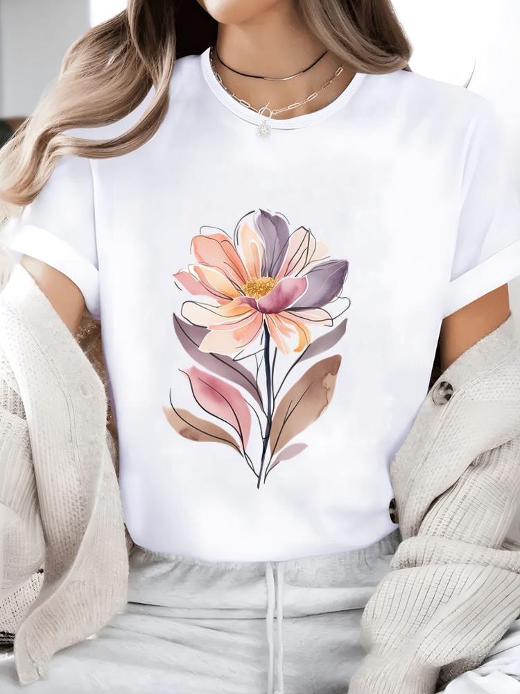 (Asian Size) watercolor flower trend Casual Women's Top T T-shirts Fashion O-neck Female Clothing Print Short Sleeve Graphic Tee