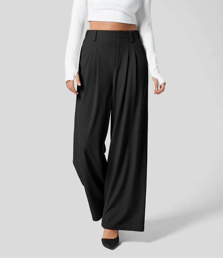Women's High Waist Pleated Wide Leg Dress Pants Solid Color Office Business Trousers With Side Pockets