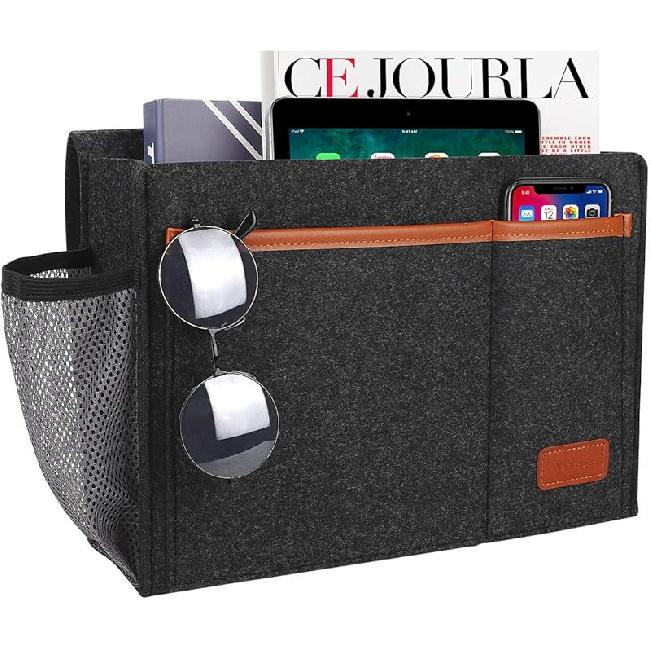Bedside Caddy, Felt Bed Storage Organizer Hanging Bag Holder with 5 Pockets, Magazine Book Phone Tablet iPad Cables Remote and Water Bottle Holder