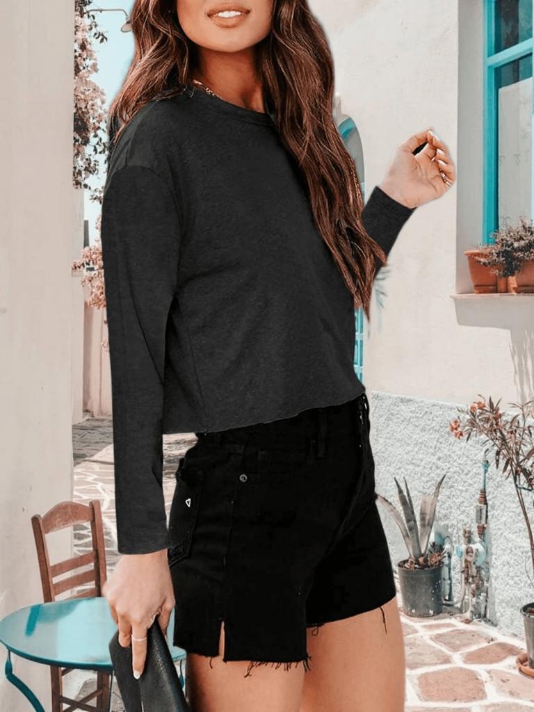 Women's Drop Shoulder Long Sleeve Crop Top Crew Neck Loose Casual Tee