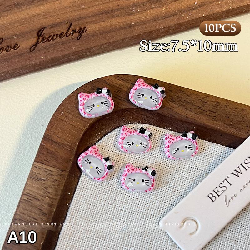 10Pcs/Bag 3D Cartoon Hello Kitty Nail Charms Mixed Resin Kitty Cat With Bowknot Nail Art Decoration Kawaii Glittery Kt Nail Part