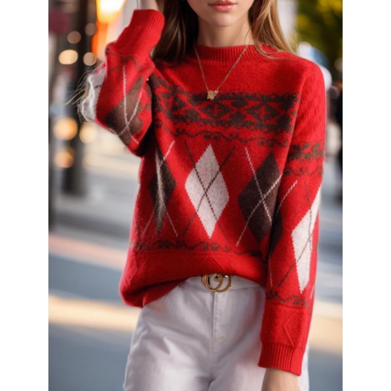 

Tooxika 2024 осень и зима новый круглый вырез ретро ромбовидный вязаный свитер контрастного цвета жаккардовый пуловер свитер для женщин XL красный
