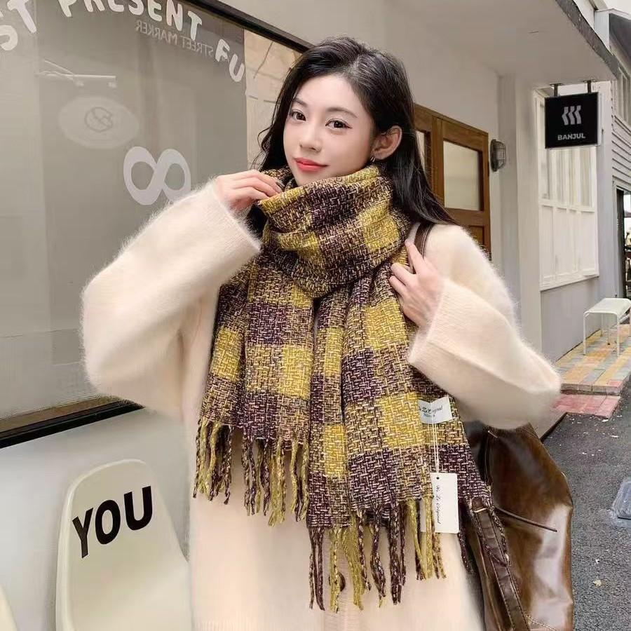 New Maillard Imitation Cashmere Plaid Shawl for Women Autumn and Winter Scarf Korean Style Atmosphere Thickened Warm Scarf