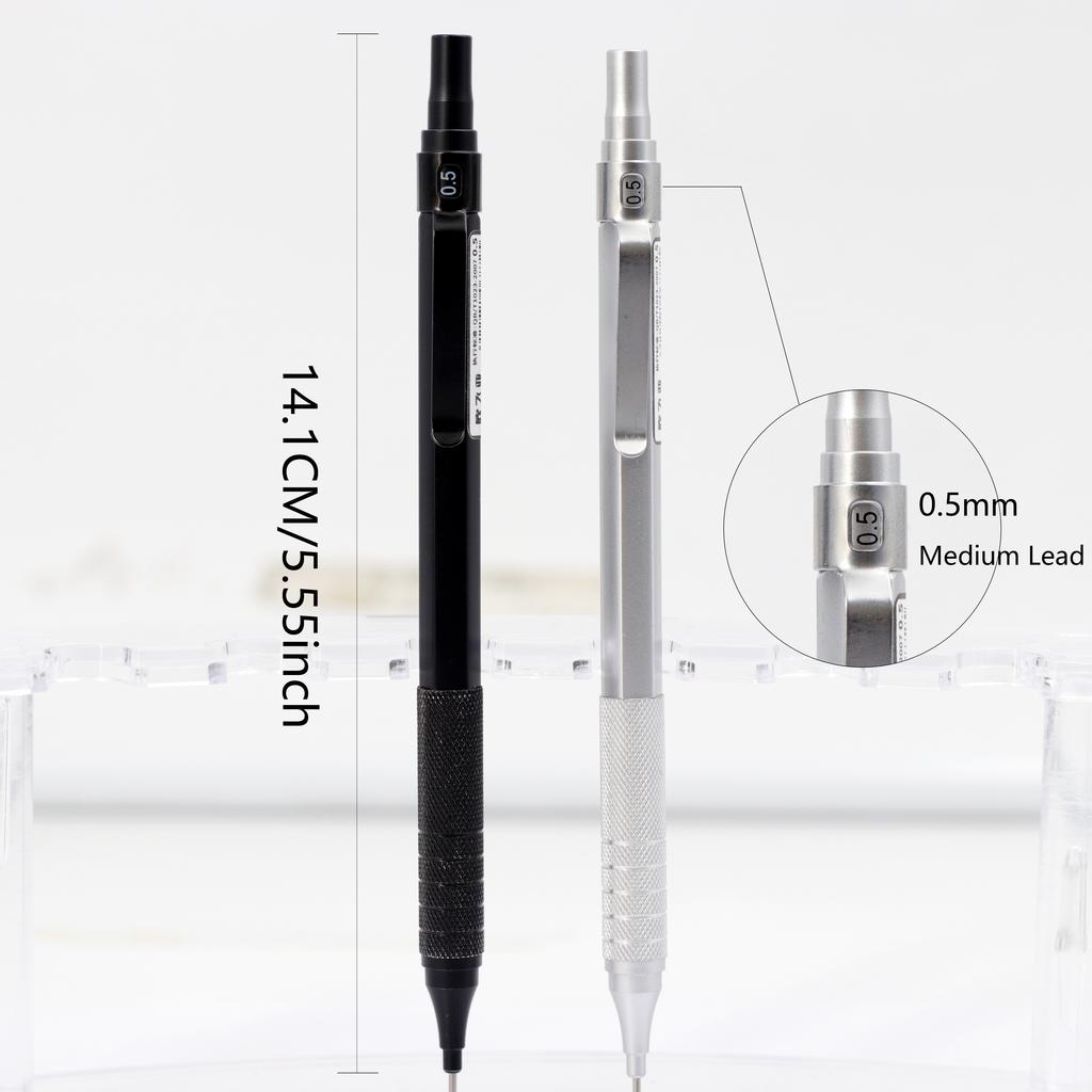 0.5/0.7mm Black/Silver Mechanical Pencil with Leads and Eraser,Automatic Pencil Sketch Painting Office Writing Stationery Supply