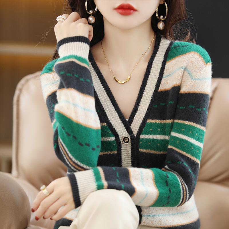 Autumn 2023 Women's V-Neck Color Block Striped Knit Cardigan - Versatile Fashion for Casual Wear