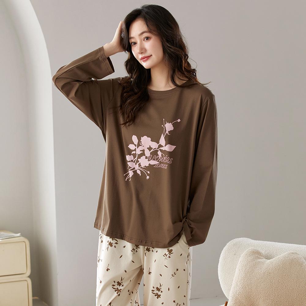 Women's Long Sleeve, Long Pants Pajama Set - Round Neck, Lycra Cotton, Lightweight, Simple Style, Autumn Homewear, Two-Piece Set