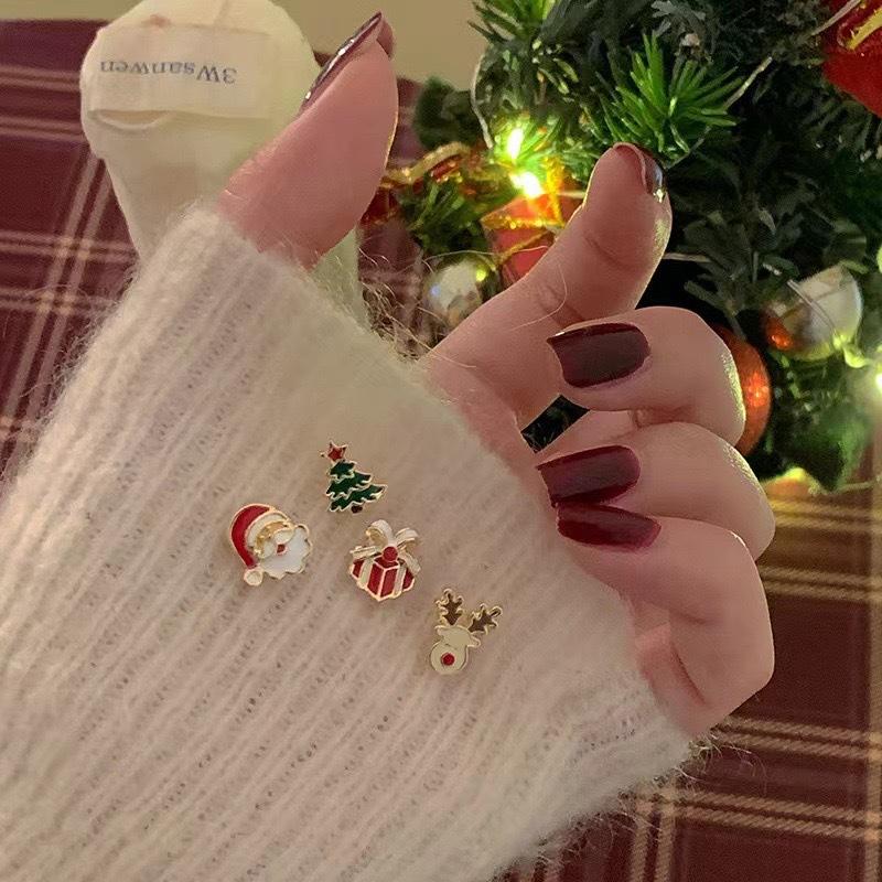 4PCS Christmas Themed Jewelry Set for Women - Santa Claus Elk Tree Star Crystal Earrings Stud Dangle Fashion Party Gift