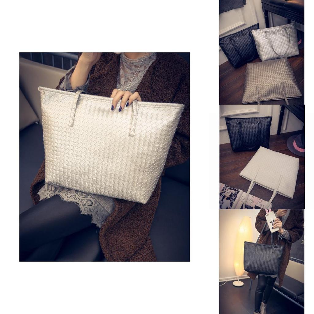 Stylish Large Capacity Pu Tote Bag For Women Retro Casual Woven Shoulder Handbag