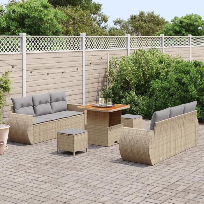 VidaXL Ensemble de Canapé de Jardin 9 Pièces avec Coussins Beige Rattan Poly Acacia 3361827