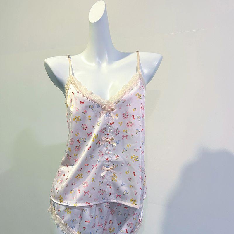 

Good Morning with You Nanfa Young Adult Pure Desire Small Floral Lace Suspenders Pajamas with Chest Pad Sweet Girl Homewear Two-piece Set Pale pink (sling + shorts) XL