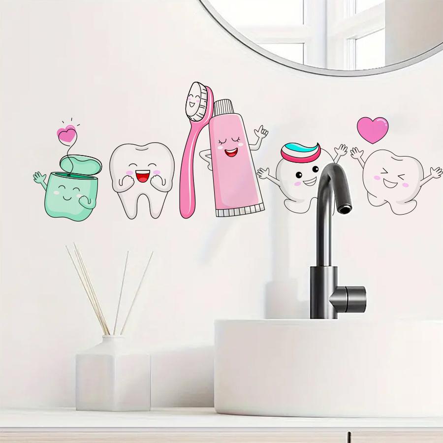 Dental Health Wall Stickers with Cute Tooth Characters Toothbrush And Floss DesignsStick Decals for Bathroom Lavatory Decor.