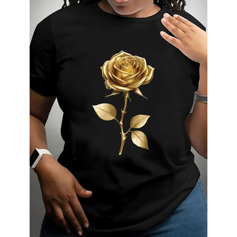 

European Size European Size Ladies T - Shirt With Golden Rose Pattern, Made Of Pure, Comfortable And Beautiful 4XL чорний