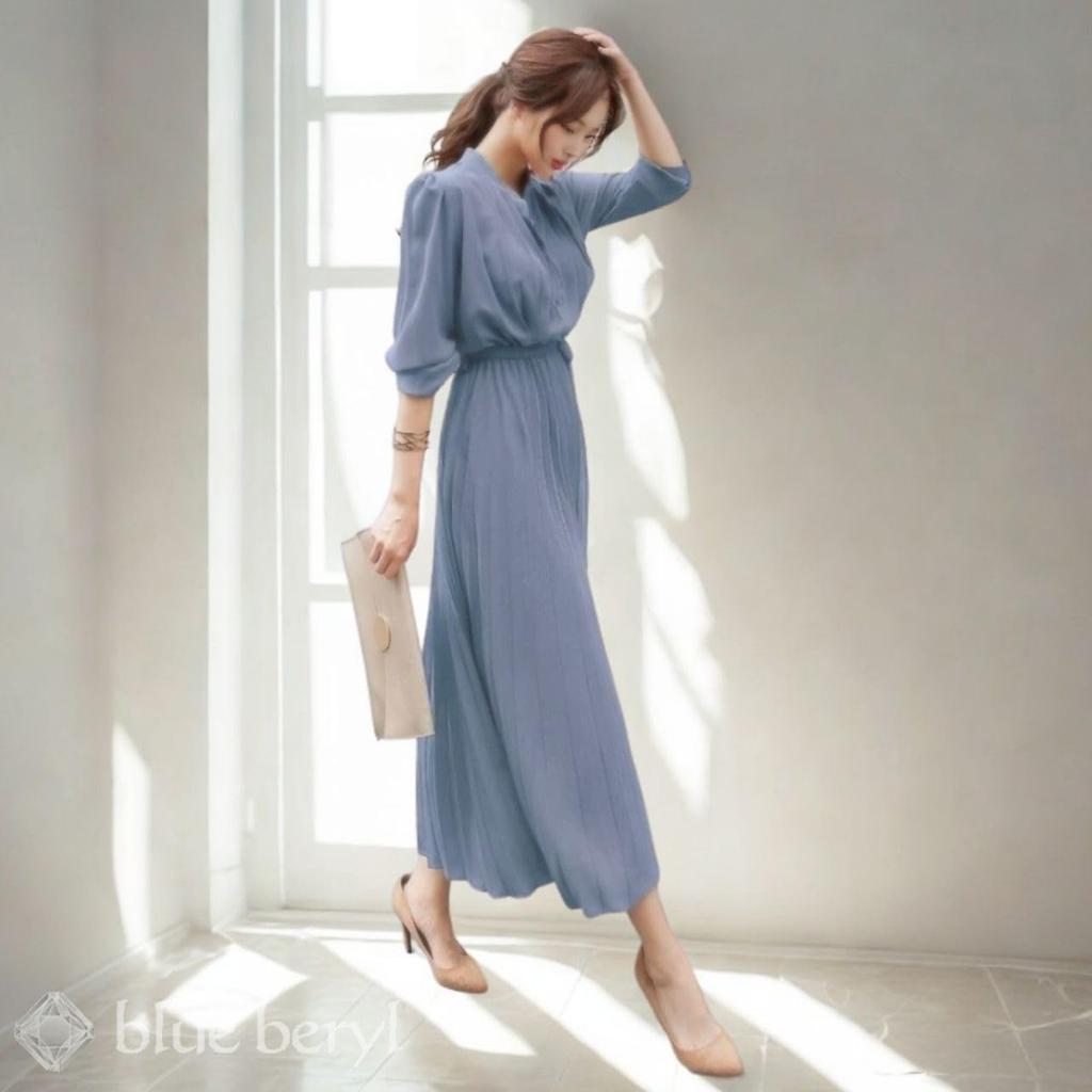 Blue Beryl Long Pleated Chiffon Dress with Long Urban Elegant and [Original Color] Women's Sleeves, Style, Casual, Blue, BB054-BL-M