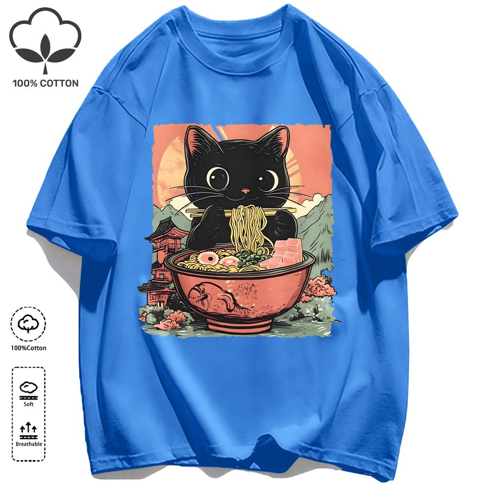 Retro Cats Like To Eat Lamian Noodles Unisex T Shirt Retro Fashion Short Sleeve Summer Comfortable Tee Unisex Cotton Loose Clothing
