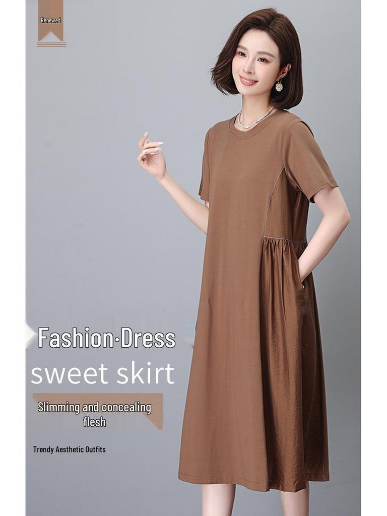 Women's Summer 2025 Pure Cotton Short Sleeve Dress - Loose Fit, Plus Size, Belly-Slimming, Casual for Middle-Aged Moms