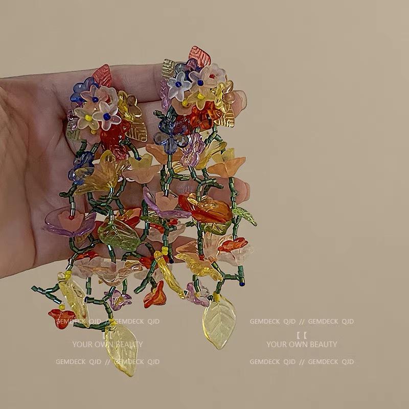 Colorful Dopamine Fabric Beaded Earrings – Women's Studs, Seaside Vacation Style, Ear Clips