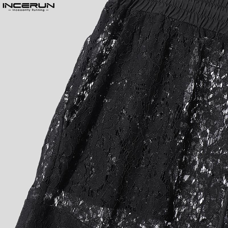 INCERUN Męskie elastyczne w pasie koronkowe ażurowe prześwitujące bez podszewki zakrywające krótkie szerokie spodnie