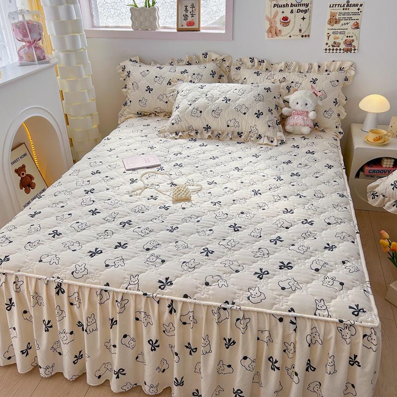 Frischer Stil Gestepptes Washed Cotton Bettrock-Set – Hautfreundlich für Einzel- und Doppelbetten