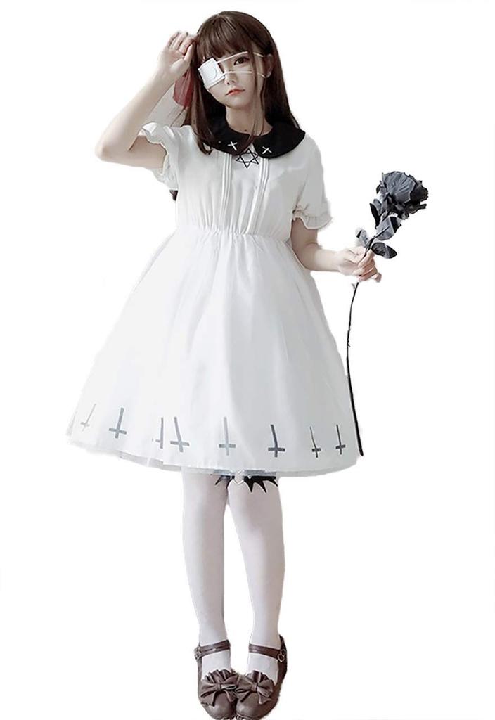 Milky Time Women's Dark Gothic Lolita Dress with Hexagram Design, Halloween Costume (White, Short Sleeves, Size M)